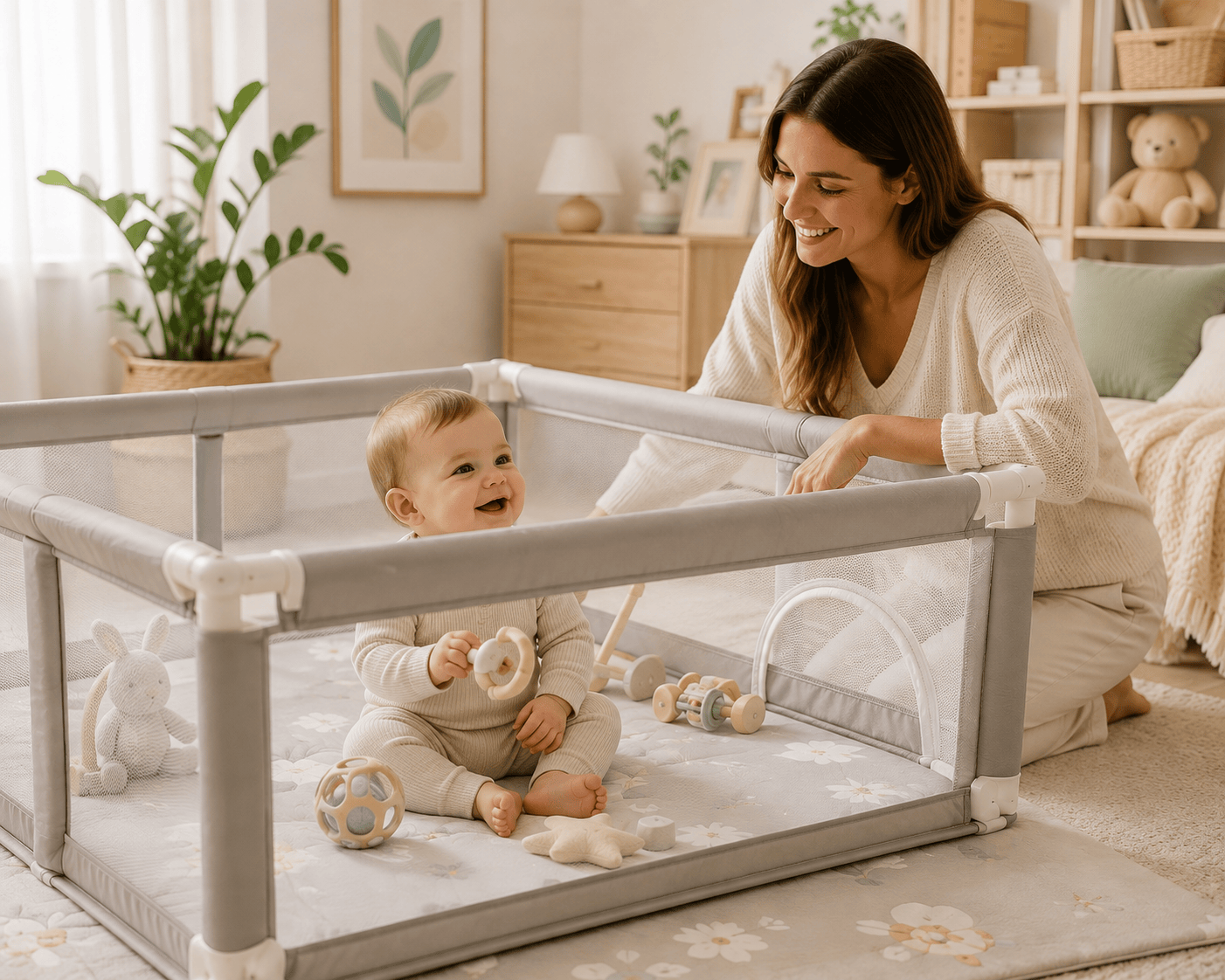 par d'éveil bébé avec maman a coté