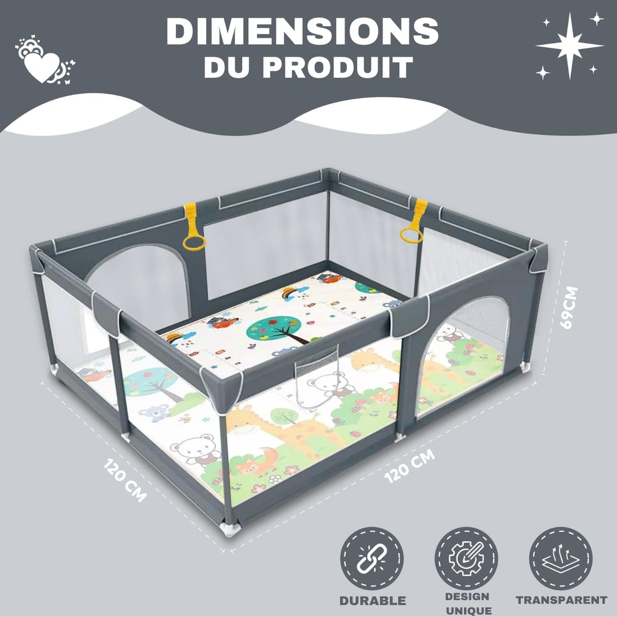 PERSEVERANCE Parc Bébé 120x120cm Avec Tapis - Parc Modulable Enfant Avec Matelas - Sécurité Et Confort
